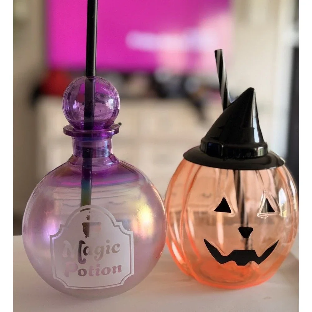Lot of 2 Target Halloween Cups With Straw Pumpkin & Magic Potion